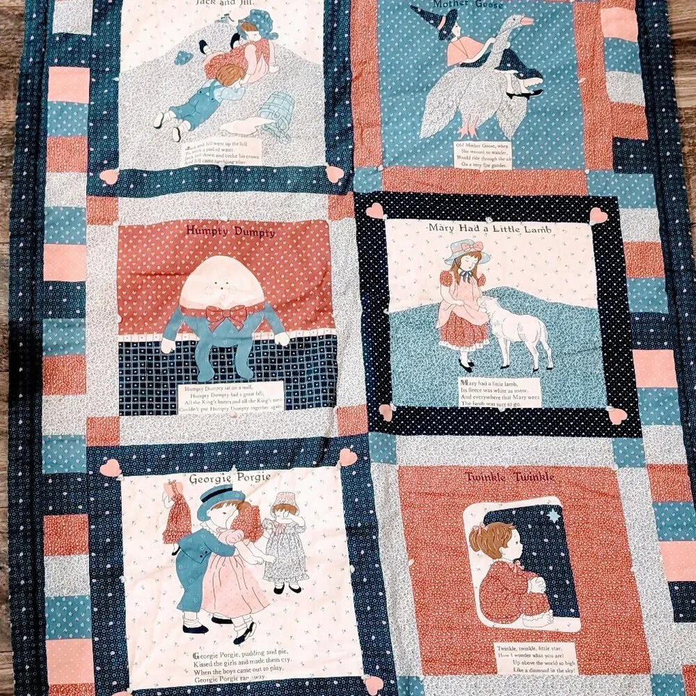 VTG Nursery Rhyme Crib Quilt Baby Blanket Patchwork 32*41 Navy Pink Mother Goose
